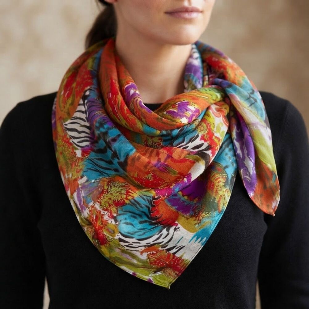 Chicos NEW Rectangle Scarf Colorful Geometric Animal Print Red Blue Orange Black